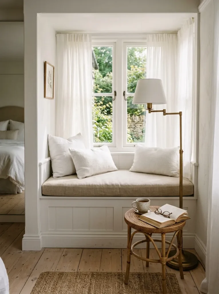 White bedroom reading nook with a built-in linen window bench, white scatter cushions, brass floor lamp, and small rattan side table in morning light

