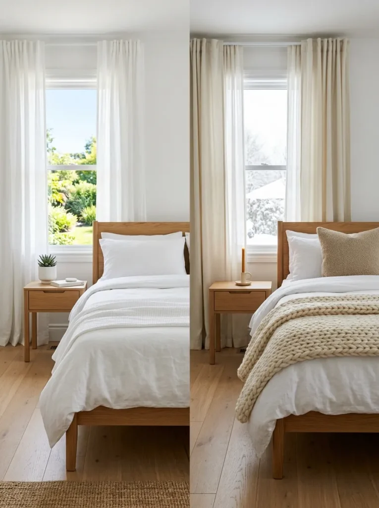 Side-by-side view of the same white bedroom styled for summer with crisp linen and for winter with layered knit throws, showing how white works as a flexible seasonal base
