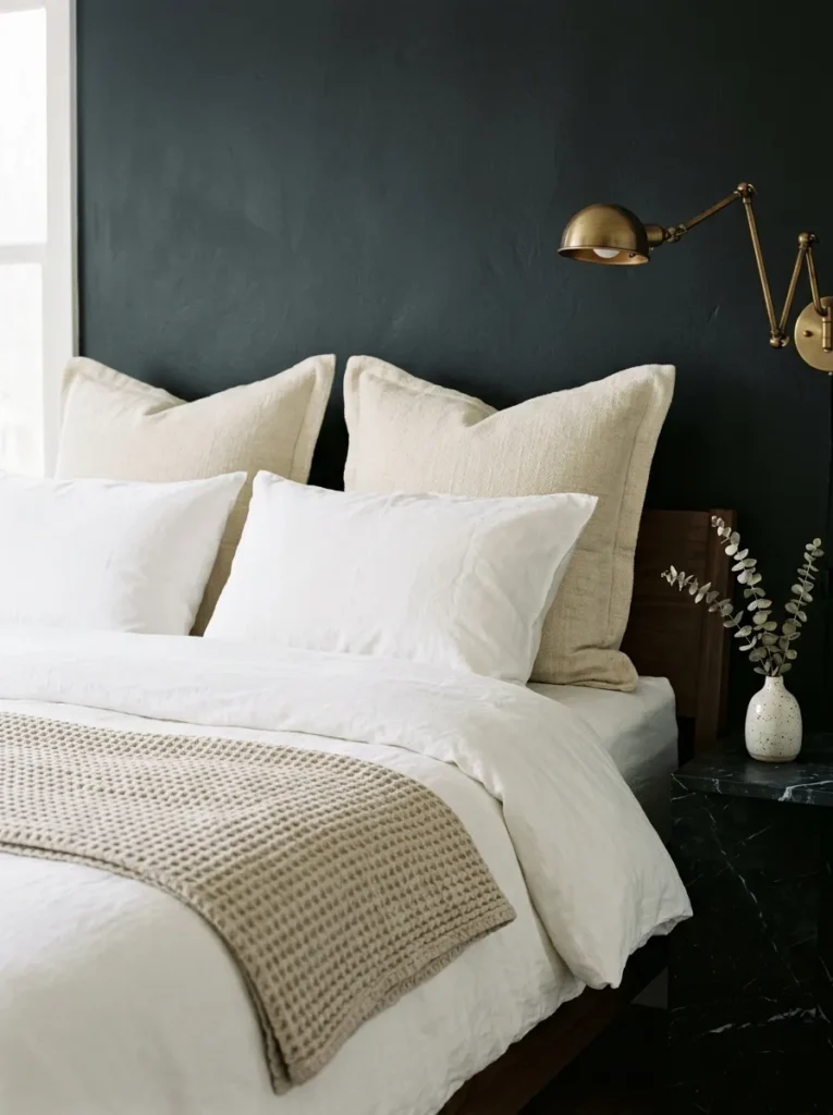 Layered white and cream linen bedding against a charcoal black bedroom wall with a brass sconce and dried eucalyptus
