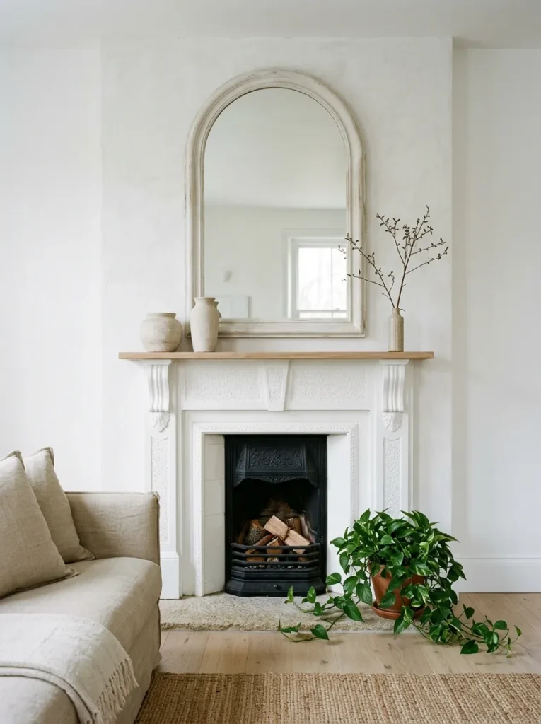 White living room fireplace wall styled as a visual anchor, with a plaster-frame arched mirror, simple plaster vessels on the mantel, and a trailing plant on the hearth
