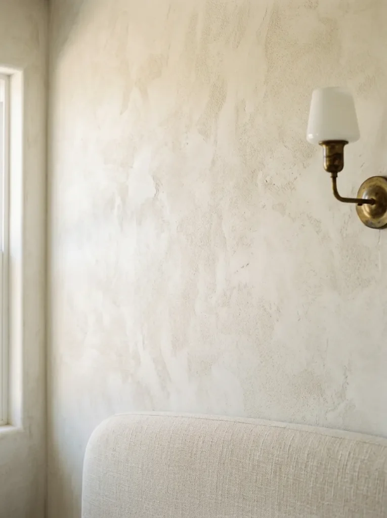 Close detail of a white limewash bedroom wall showing mottled plaster-effect texture, lit by side light to reveal surface depth
