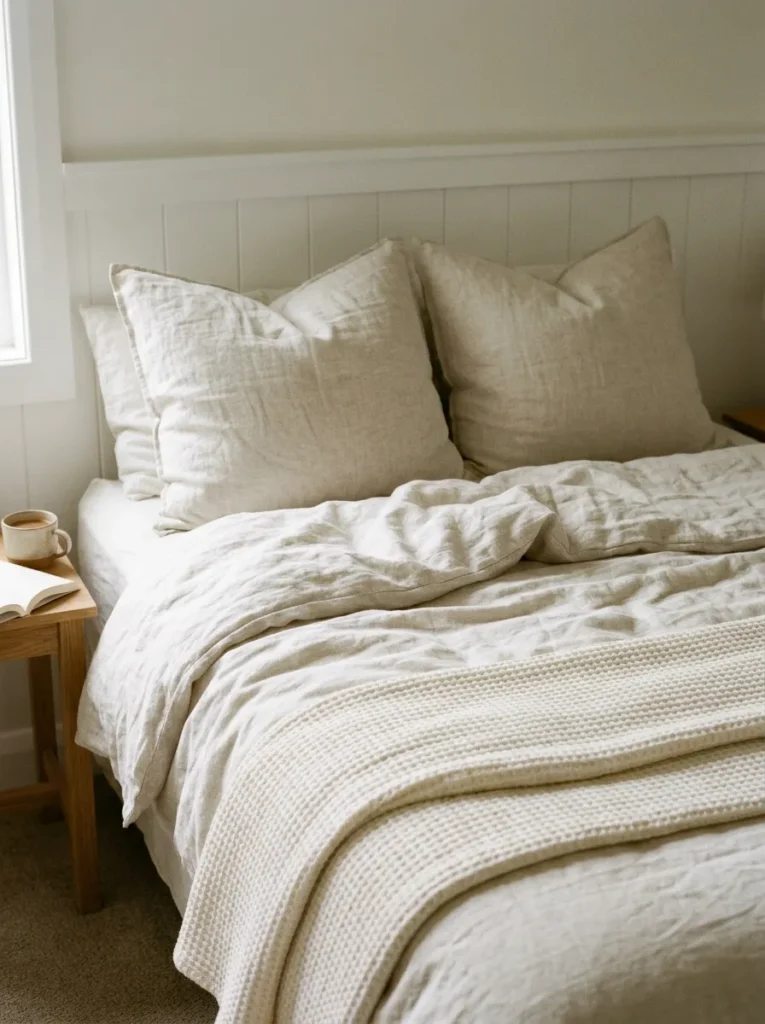 Layered white bed with a rumpled washed linen duvet, folded waffle-knit blanket, and stacked euro shams against a paneled headboard in soft morning light
