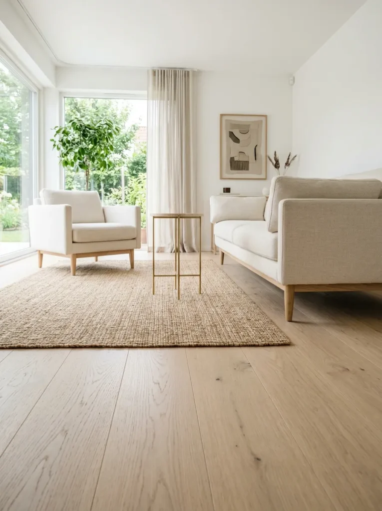 White living room with linen sofa and armchair on tapered oak legs, showing the floor plane continuous beneath all furniture pieces
