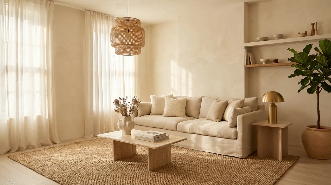 White living room with limewash walls, linen sofa, travertine coffee table, jute rug, and rattan pendant light in natural afternoon light