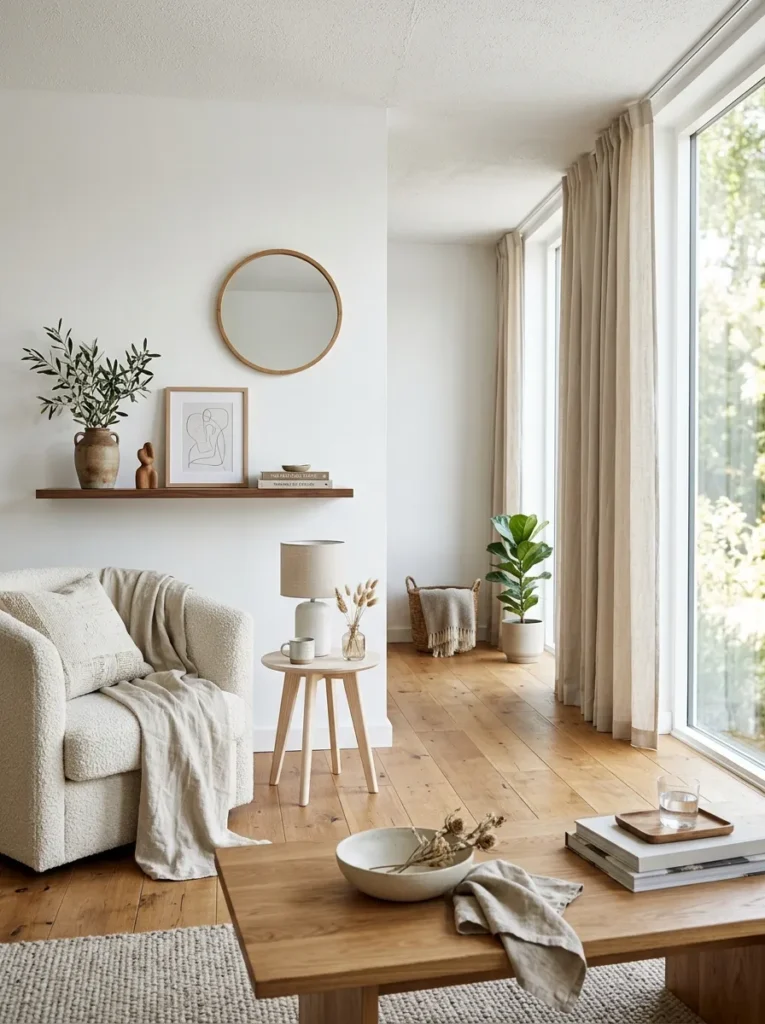 White living room with natural wood distributed across a low oak coffee table, walnut shelf, and ash side table against pale walls
