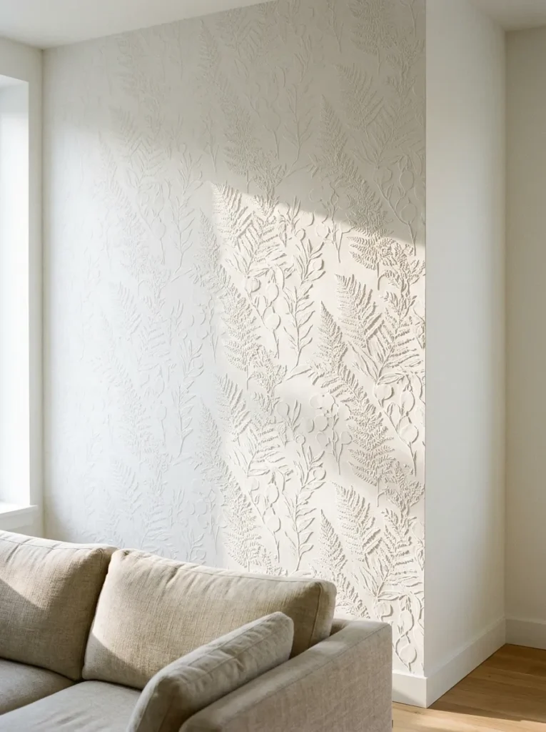 White-on-white embosse dbotanical wallpaper on a living room feature wall, pattern revealed through raking natural light from the side
