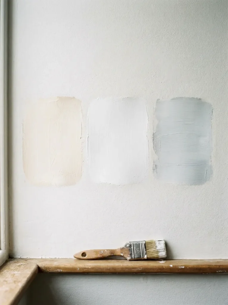 Three white paint swatches with different undertones applied to a wall beside a wooden paintbrush, showing the visible difference between warm, cool, and neutral whites
