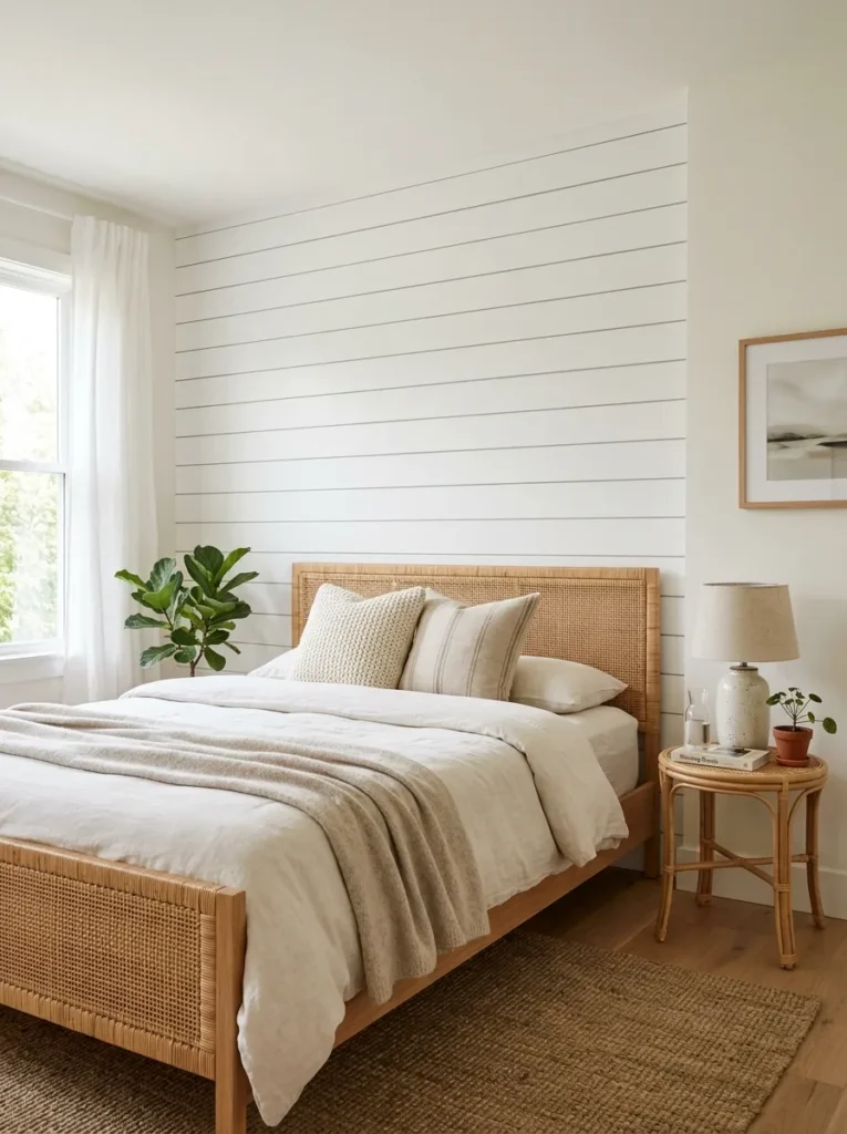 White shiplap accent wall with horizontal reveal lines behind a rattan bed frame and linen bedding in a light, airy bedroom

