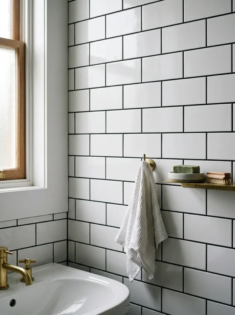White bathroom subway tile with bold black grout lines creating a graphic grid pattern, photographed in bright morning light