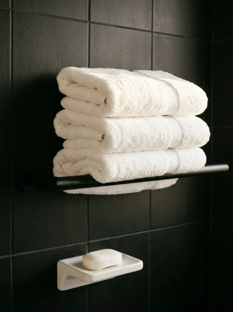 Three white folded bath towels on a matte black towel rail against dark bathroom tile, with a white ceramic soap dish below