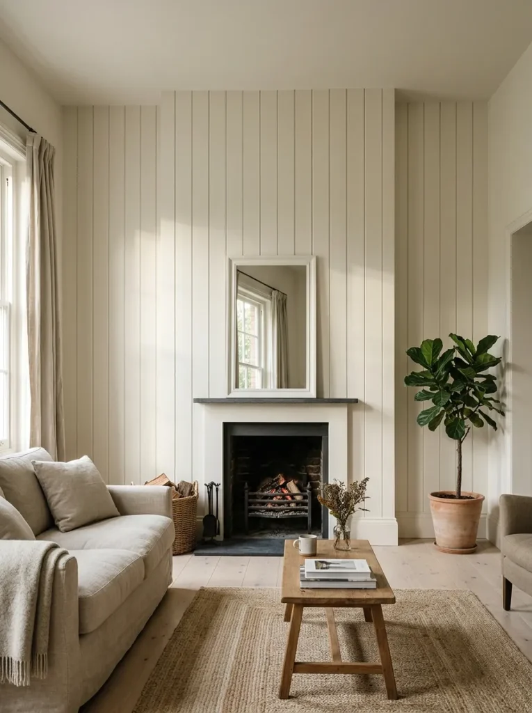 White tongue-and-groove vertical panelling on a chimney breast in a living room, shadow lines visible under directional light
