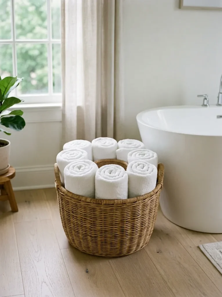 Wide natural wicker basket on a bathroom floor beside a freestanding tub, filled with tightly rolled white bath towels stood upright showing the spiral ends
