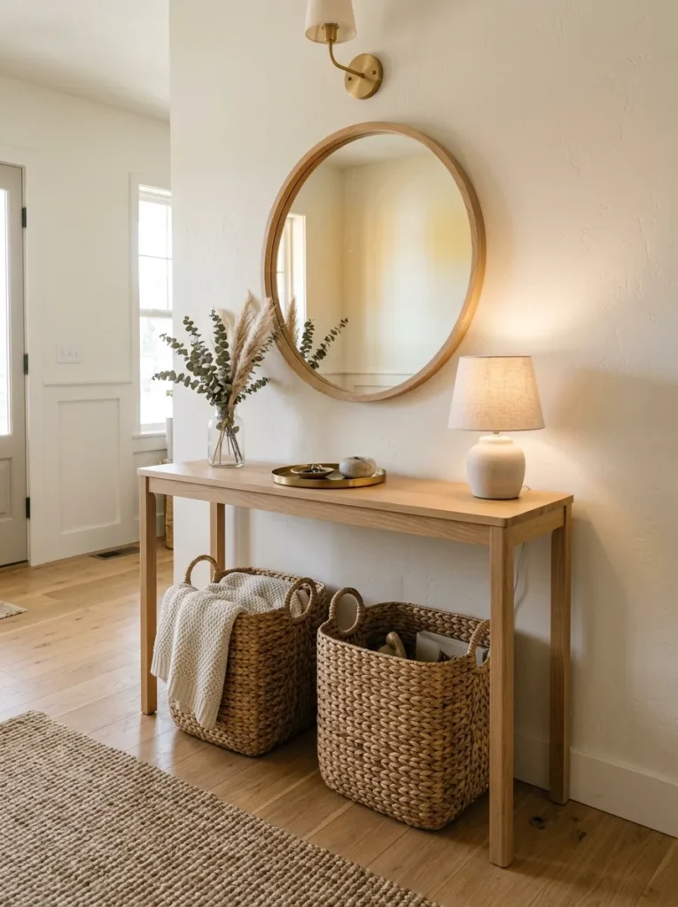 Two matching water hyacinth baskets placed symmetrically beneath a natural wood entry console table as styled storage
