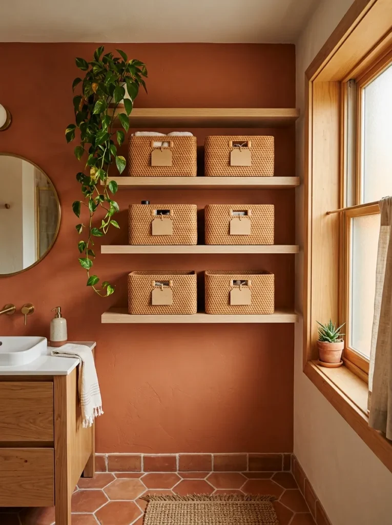 Bathroom open shelves styled with matching rattan baskets for organized concealed storage