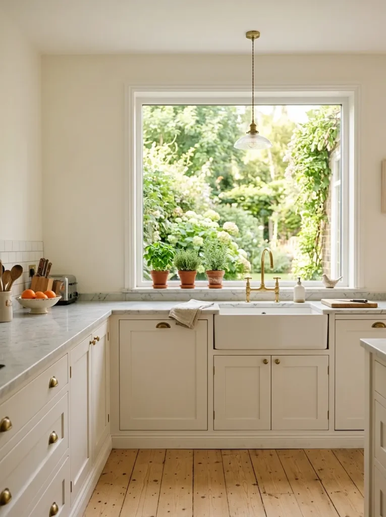 L-shaped kitchen with a large picture window above a farmhouse sink overlooking garden greenery, no upper cabinets
