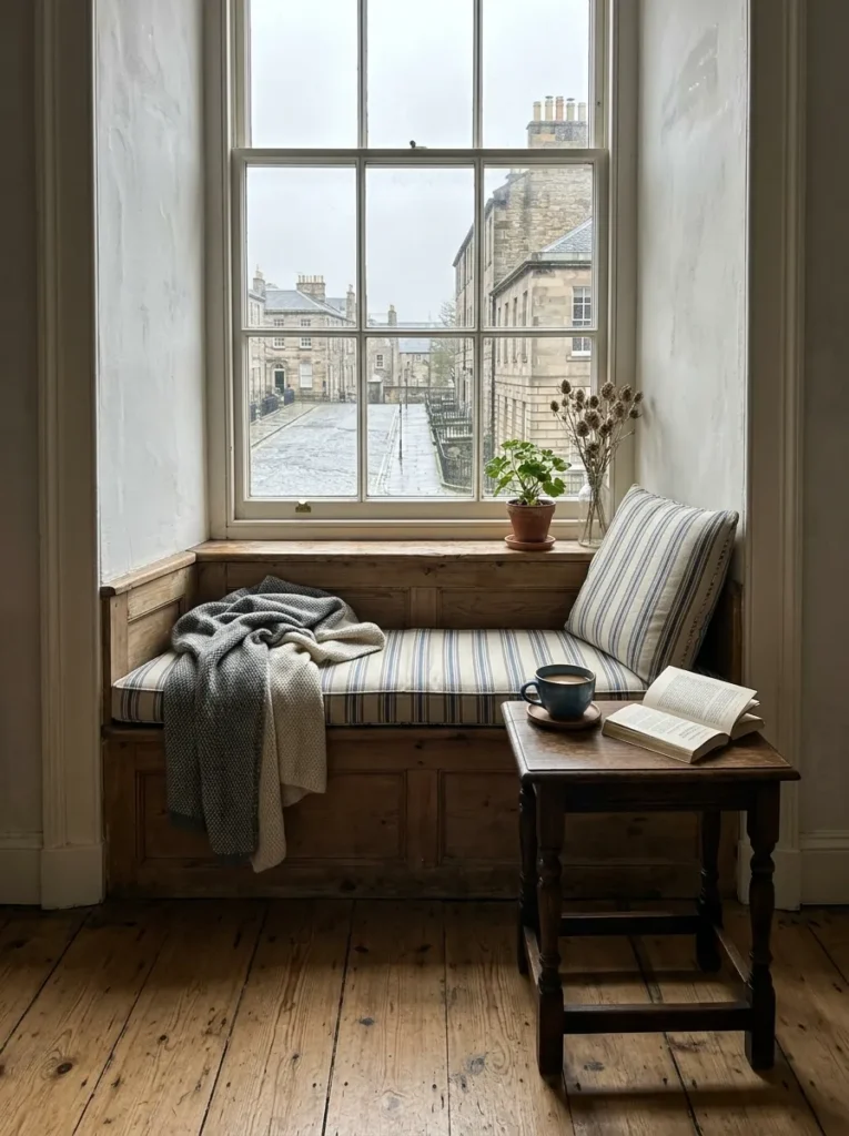 Built-in window seat breakfast corner with ticking stripe linen cushion and solid oak table in a Georgian Edinburgh townhouse.
