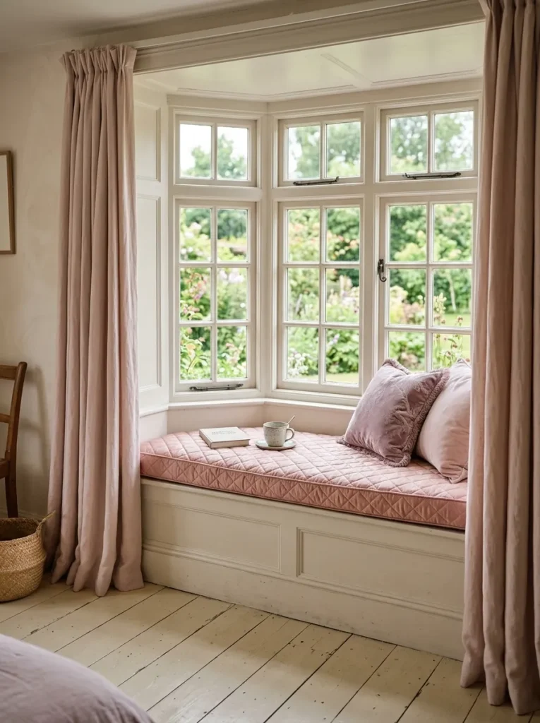 Bedroom window seat with a quilted silk cushion and floor-length curtains creating a feminine nook