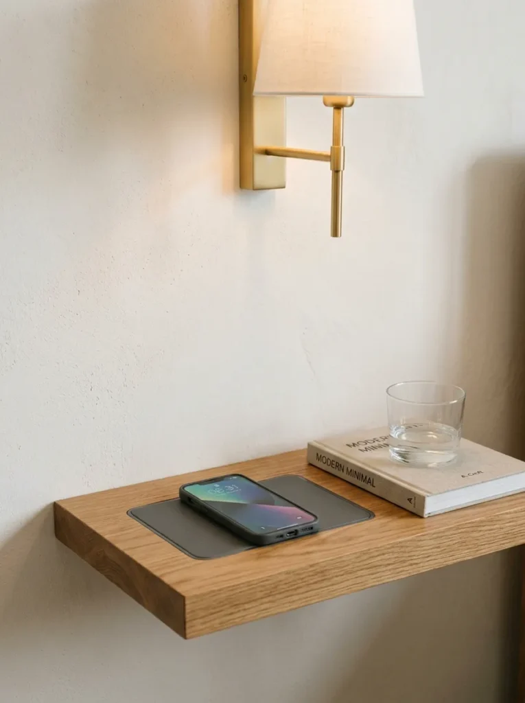 Minimal floating bedside shelf with a recessed wireless charging pad, phone, book, and tumbler glass — no cables visible