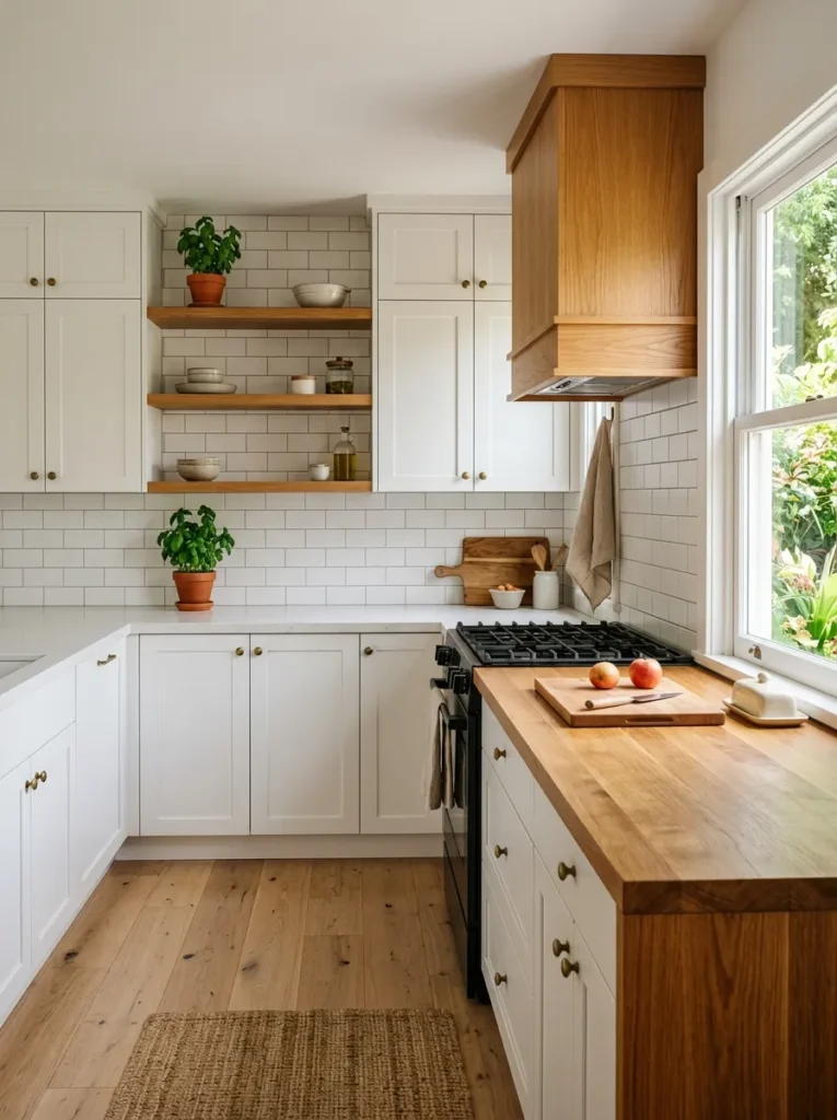 White L-shaped kitchen with honey oak accents including a butcher-block countertop, floating shelves, and a wood range hood
