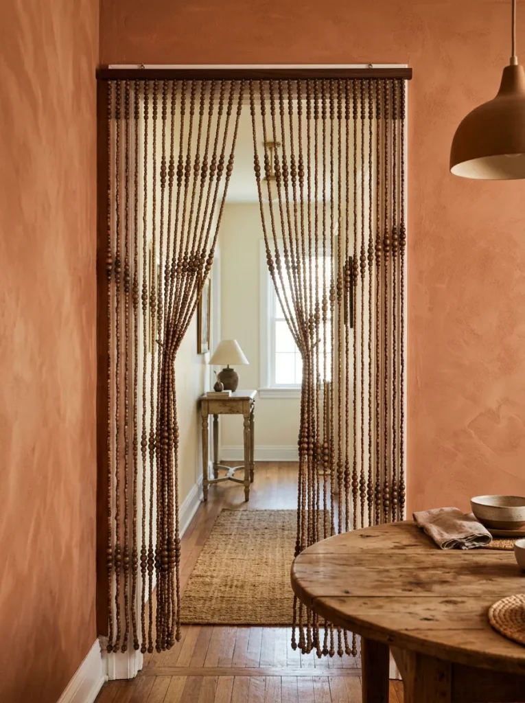 Natural wood bead curtain hanging in a boho dining room doorway, slightly parted, with warm dining room light in the foreground