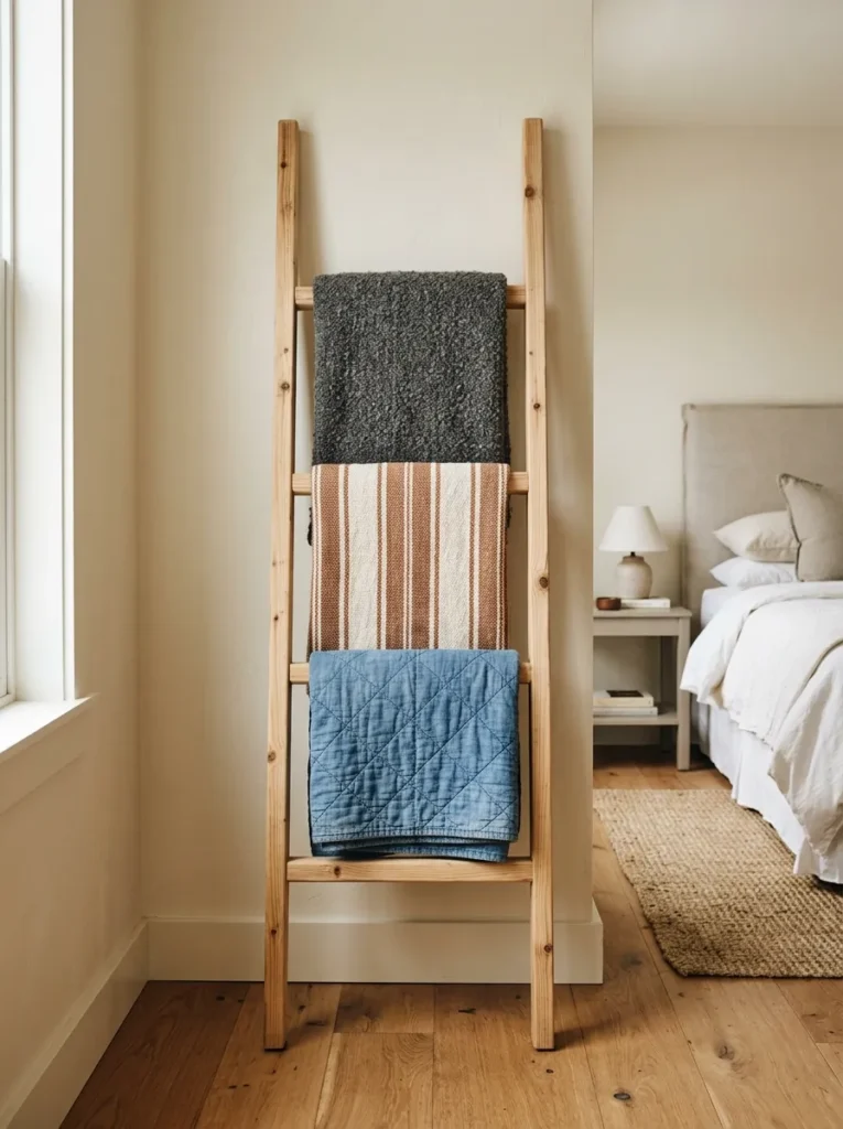 Natural pine blanket ladder in a farmhouse bedroom corner holding folded wool, woven stripe, and quilted blankets

