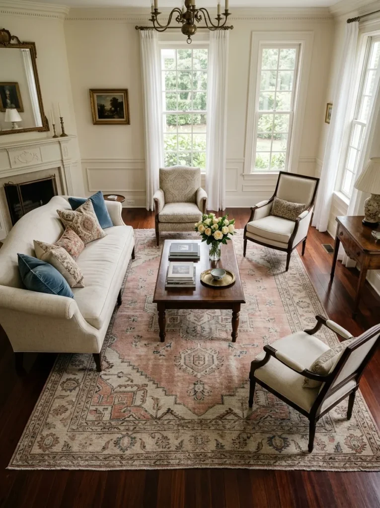 A faded Oushak wool rug in blush and ivory beneath a formal living room seating arrangement 