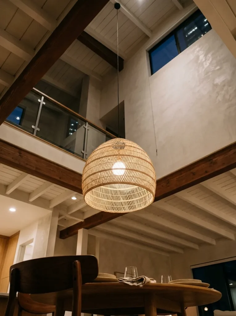 Large woven natural fiber pendant shade hanging from a double-height ceiling above a dining table, filtering warm light