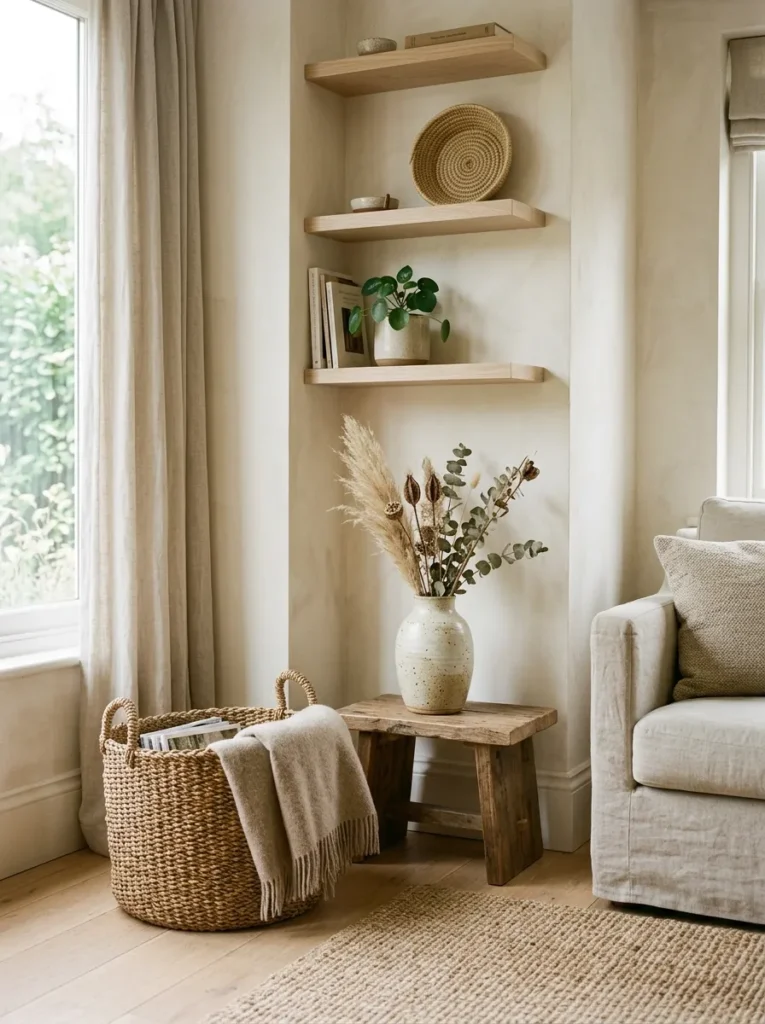Organic modern living room corner showing woven objects at three scales — a large seagrass floor basket, a medium ceramic vase, and a small woven object on a shelf