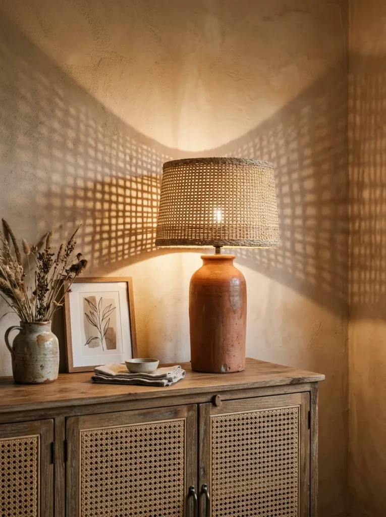 Woven natural fibre lamp on a boho dining room sideboard casting warm latticed shadow patterns on the limewash wall behind