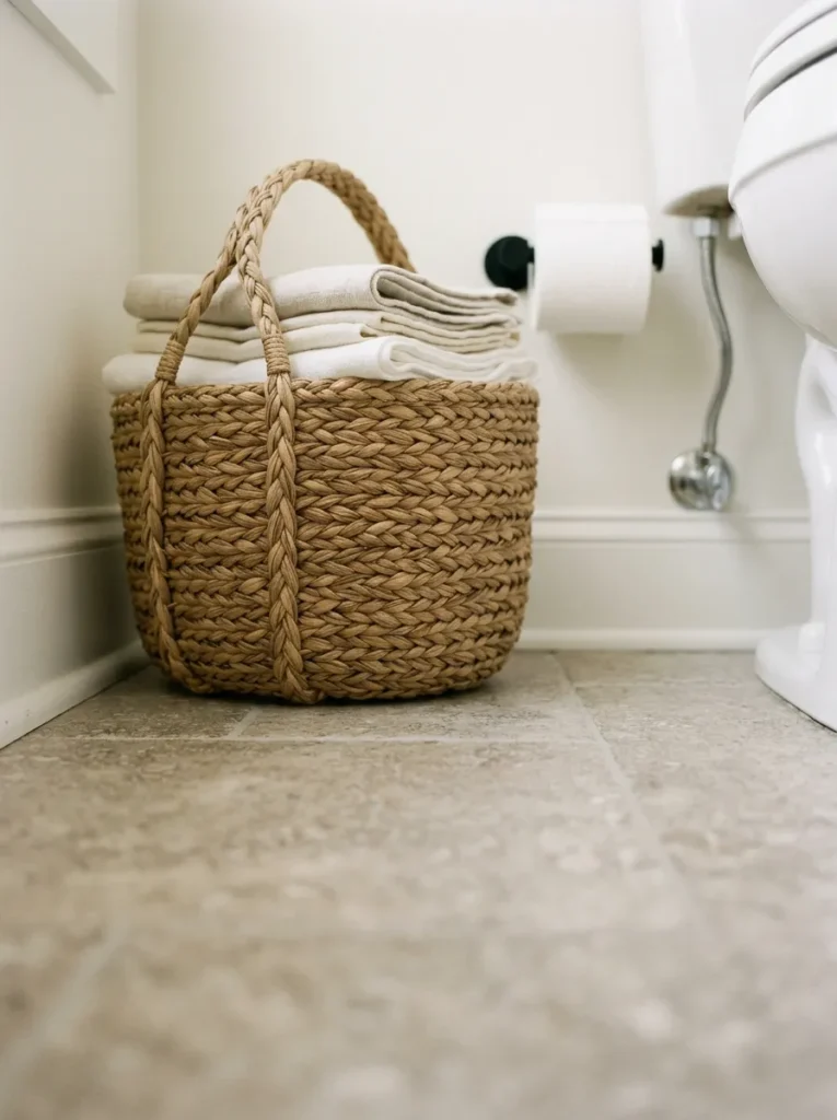 Woven seagrass basket holding folded white and cream linen hand towels on a stone tile powder room floor beside the toilet
