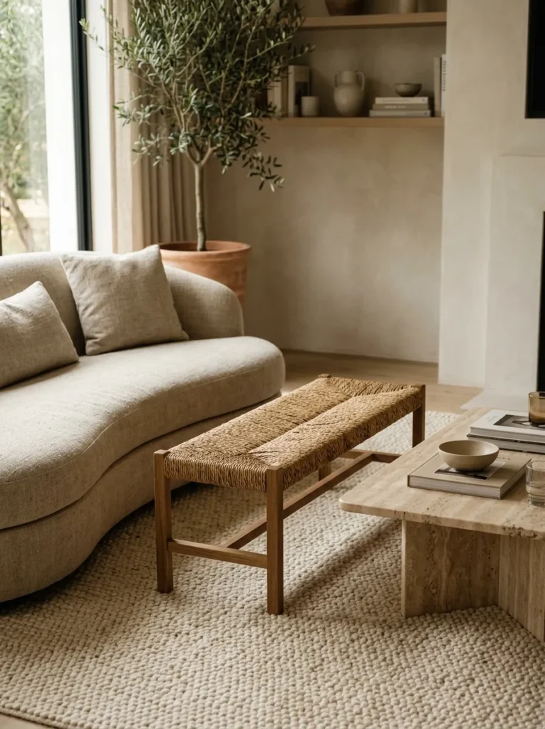 Low woven seagrass bench between a curved sofa and stone coffee table, sitting lower than sofa height on a natural wool rug