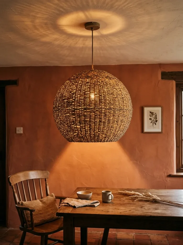 Large woven seagrass pendant lit from within, scattering warm amber light through its texture onto the ceiling above and dining table below