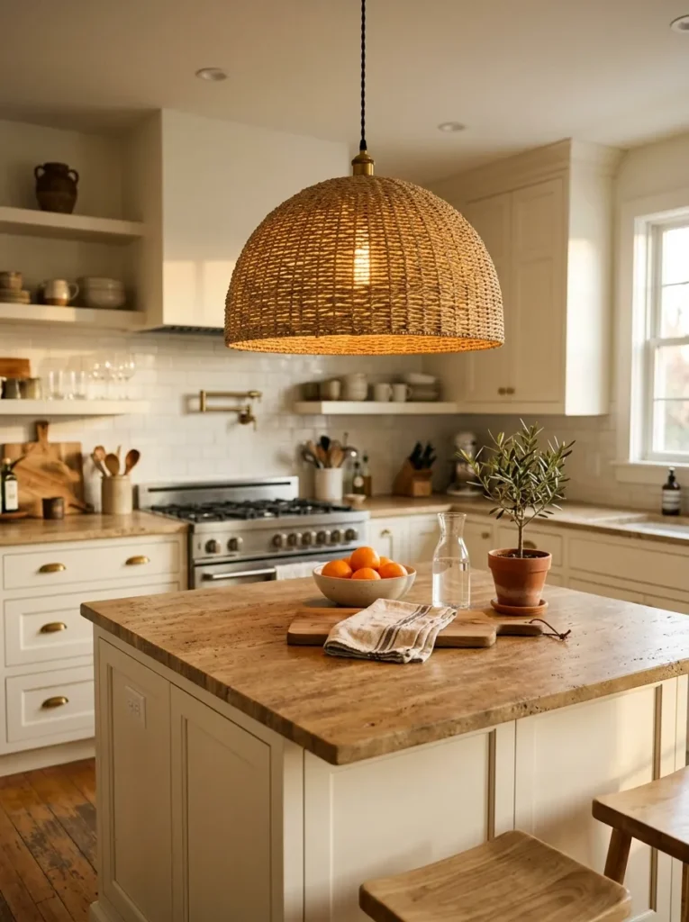 Large woven seagrass dome pendant over a cream kitchen island with warm stone counter