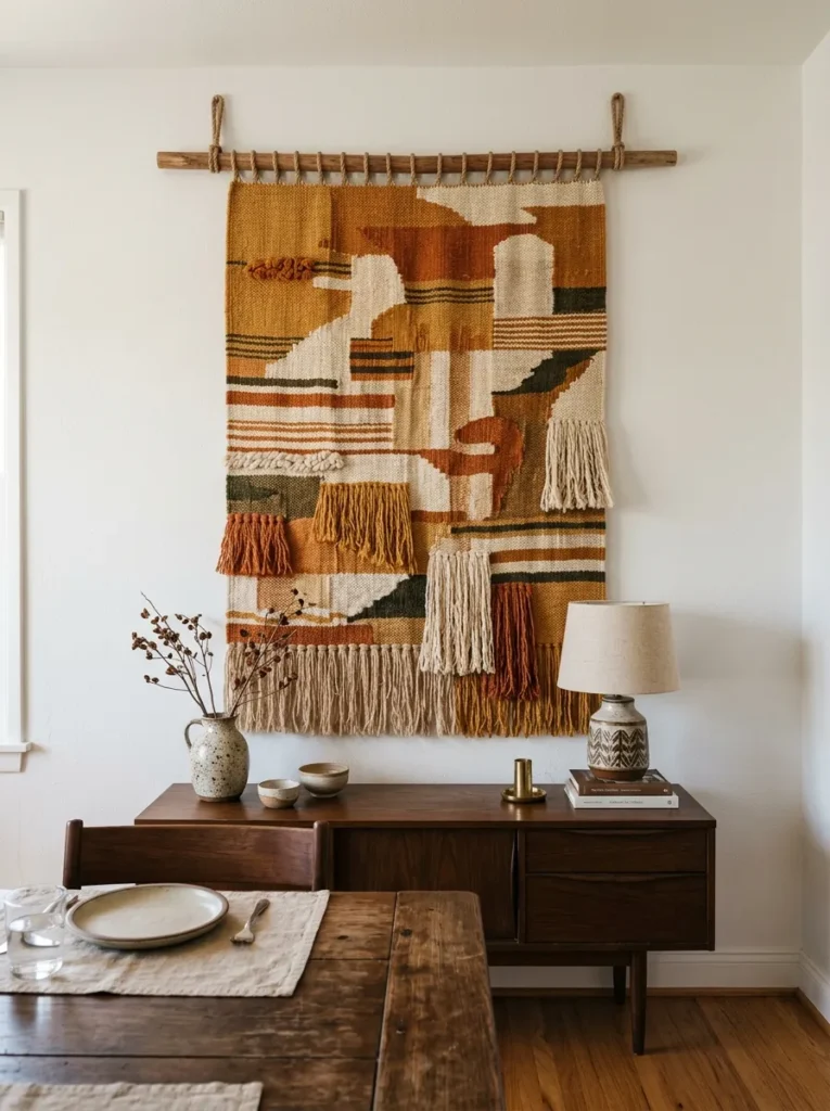 Large handwoven textile in ochre, rust, and cream suspended from a wooden dowel above a dark oak sideboard in a dining room
