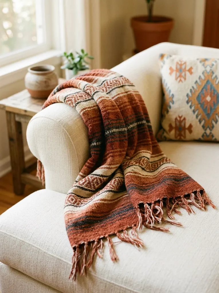 Woven striped throw in rust and cream casually draped over a sofa arm as if recently used