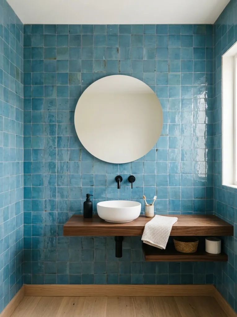 Floor-to-ceiling hand-glazed ocean blue zellige tile on the sink wall of a powder room with a frameless round mirror and white vessel sink
