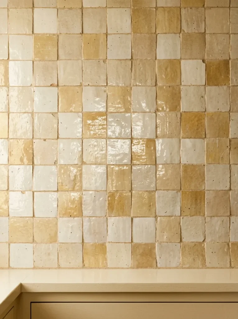 Cream and sand zellige tile backsplash with natural glaze variation and sand grout in warm afternoon light