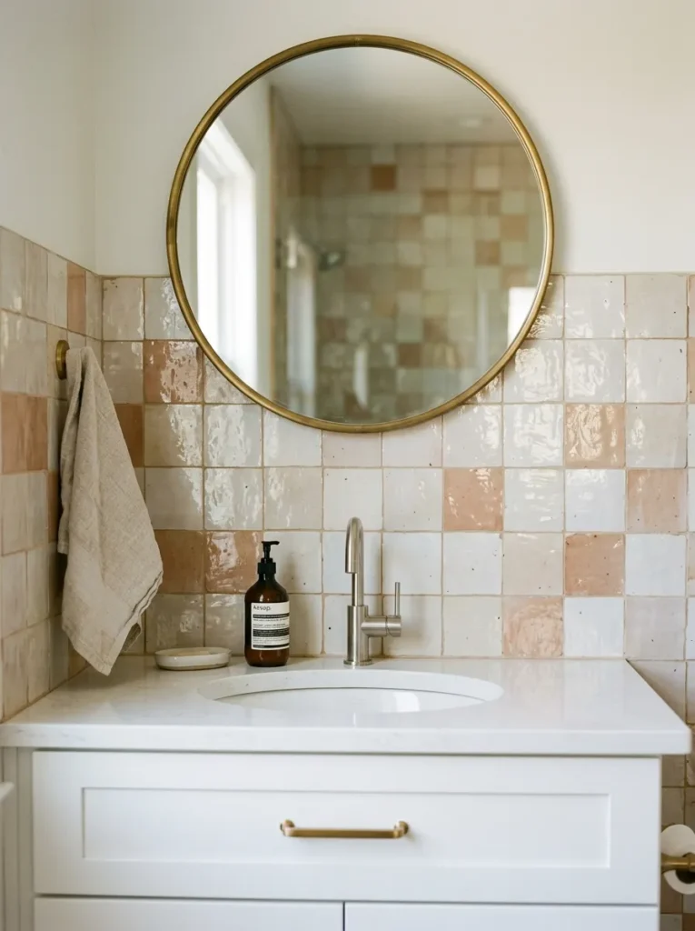 Zellige tile backsplash in warm off-white and terracotta between a white vanity counter and round brass-framed mirror
