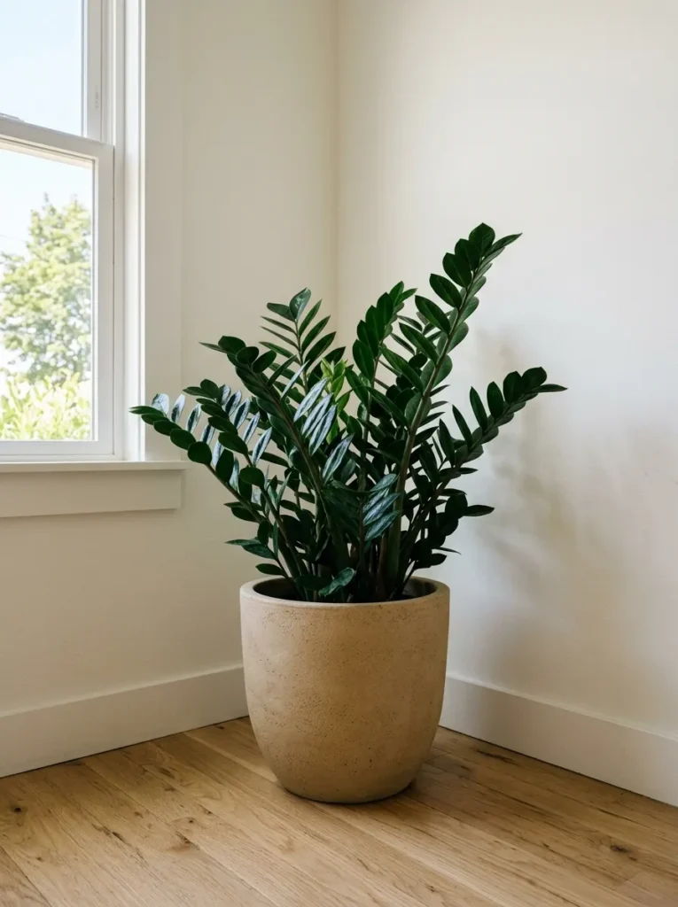 Single ZZ plant in a matte sandy ceramic pot in the corner of a coastal bedroom near a bright window
