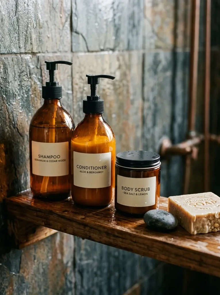 Three amber glass pump dispensers of varying heights on a teak shower shelf with a river stone and natural soap bar beside them