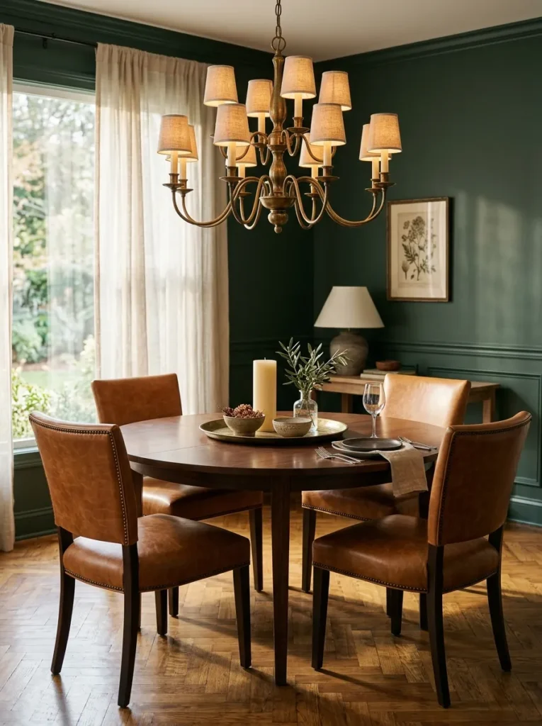 Antique brass chandelier with linen shades above a dark walnut dining table in a forest green transitional dining room