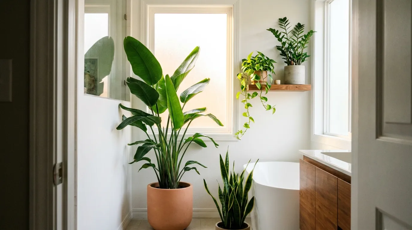 Bright bathroom with a bird of paradise in a terracotta pot, trailing pothos on a shelf, and snake plant beside a white freestanding tub