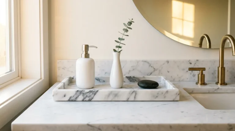 Marble bathroom tray on a vanity countertop with a white ceramic soap pump, eucalyptus bud vase, and smooth river stone in warm morning light