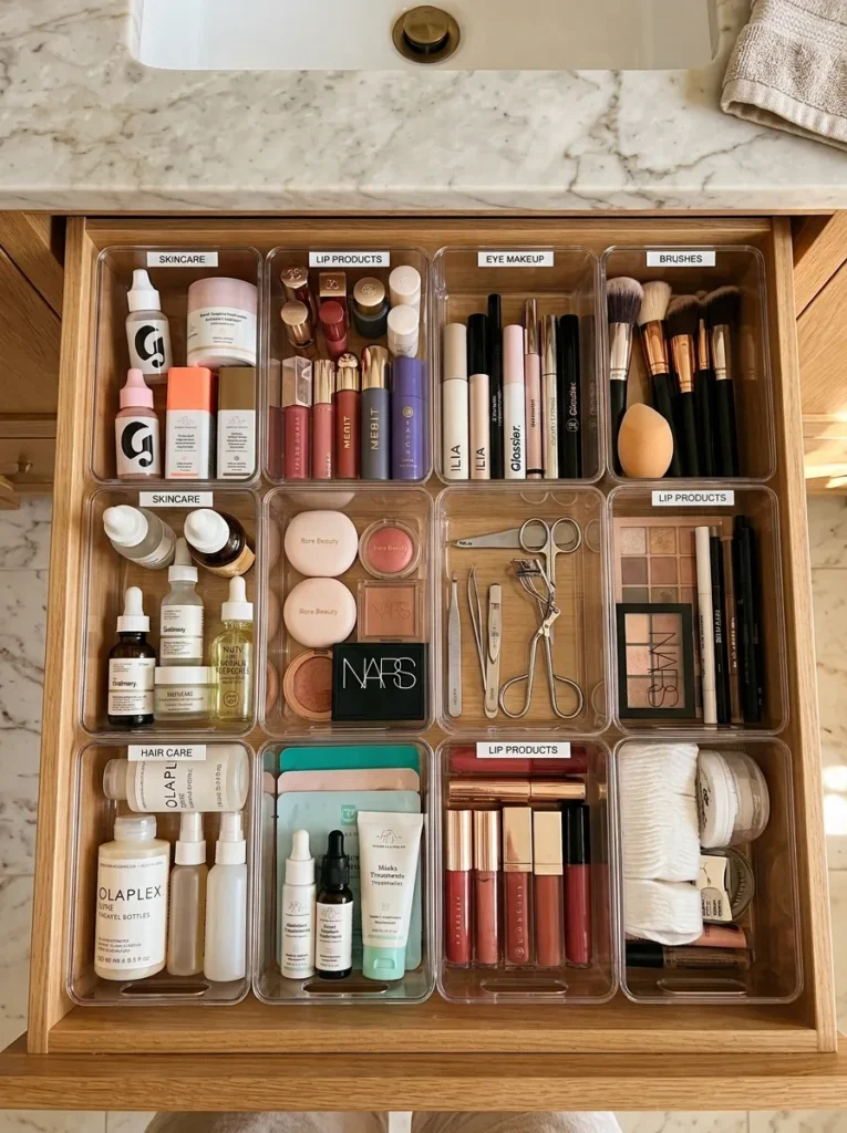 Open bathroom vanity drawer with a grid of matching clear acrylic bins each labeled by category — skincare, lip products, eye makeup, brushes