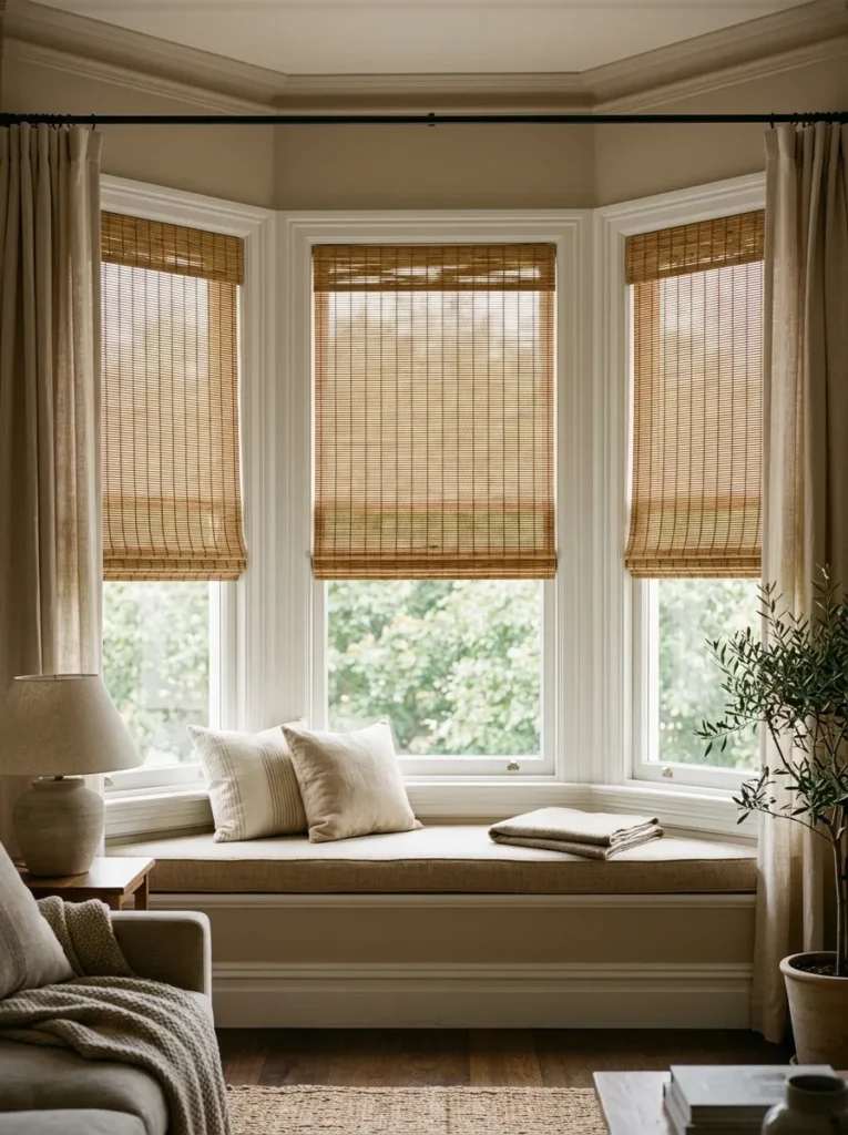 Bay window with three matching woven bamboo shades mounted at identical heights in each individual pane, creating a unified bay window treatment