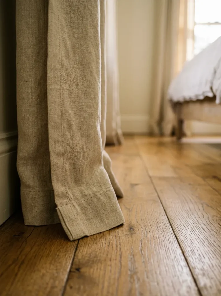 Floor-length bedroom curtain hem showing a slight half-inch break where the fabric just touches the oak floor without gathering significantly