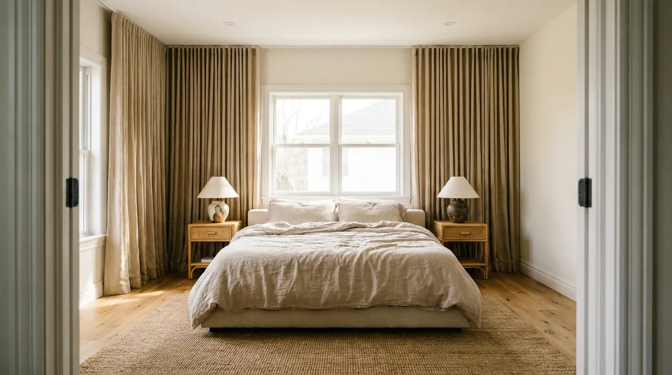 Bedroom with floor-to-ceiling natural linen curtains on ceiling-height rods, low platform bed, rattan nightstands, and morning light