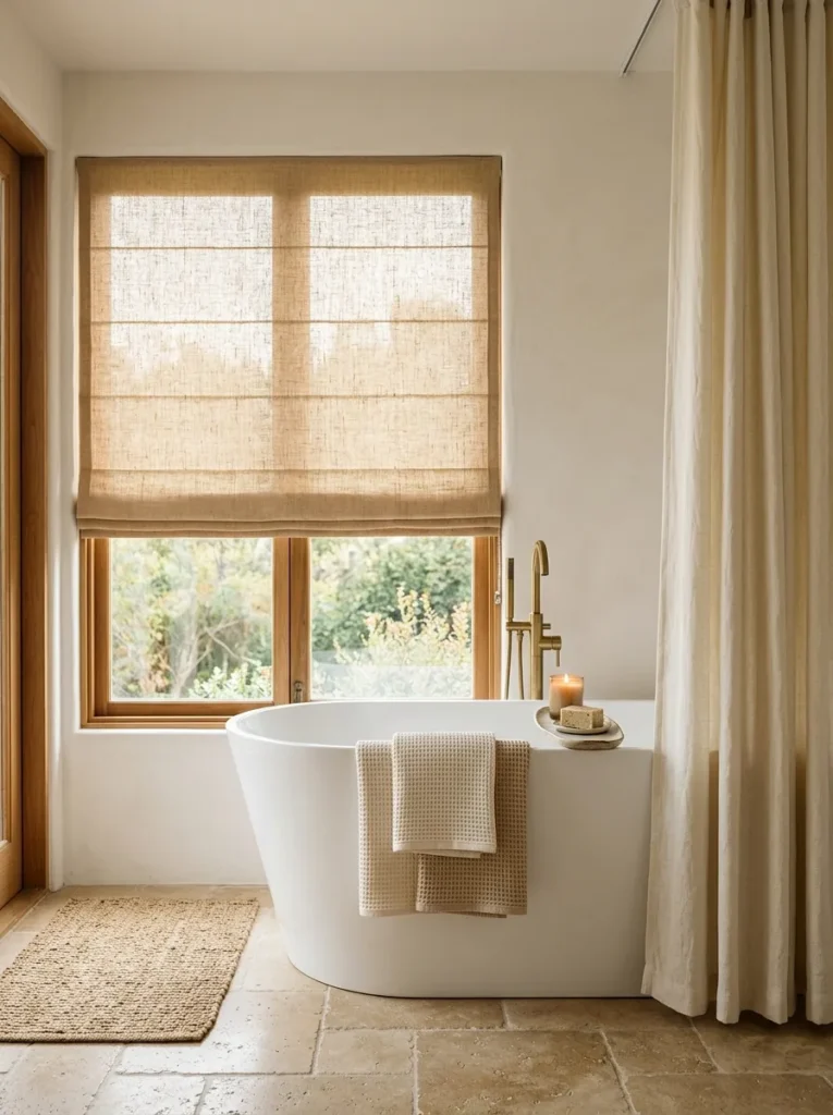Natural linen Roman shade filtering warm light in a beige bathroom with a freestanding tub, jute bath mat, and layered cream textiles
