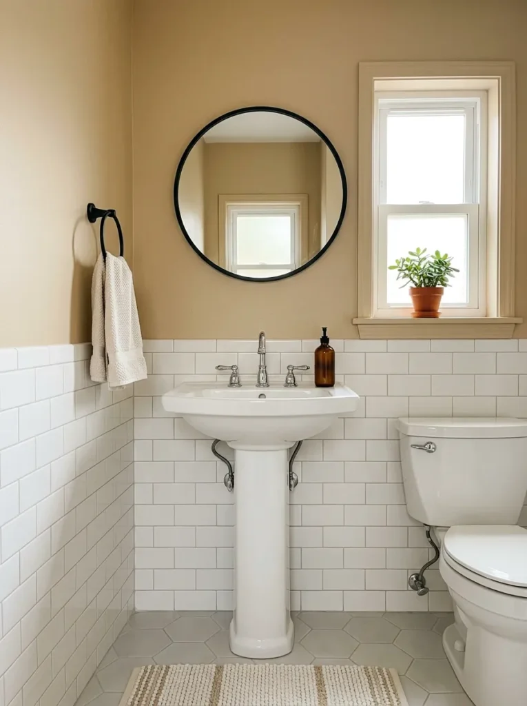 Warm beige painted walls above white subway tile wainscoting in a bathroom with a white pedestal sink and black-framed mirror
