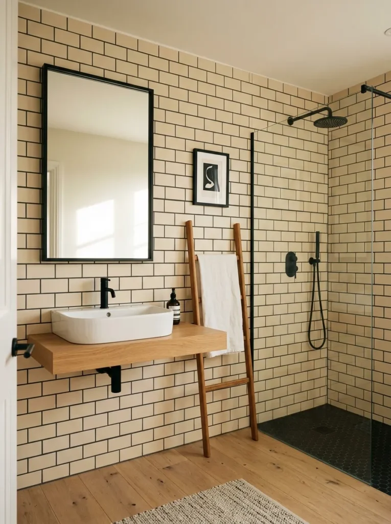 Warm cream beige subway tiles with charcoal grey grout in a bathroom with matte black faucet and light wood vanity shelf
